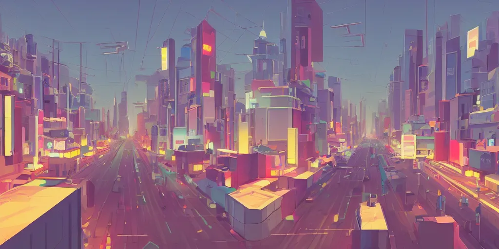 Prompt: a beautiful picture of a city with a closeup of a street, a matte painting by james gilleard, geometric lines, pixiv contest winner, retrofuturism, cityscape, 2 d game art, low poly