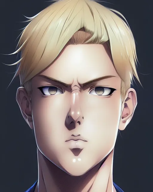 Prompt: portrait Anime Blonde Guy Short Hair Sharp fine face, pretty face, realistic shaded Perfect face, fine details. Anime. by makoto sinkai, katsuhiro otomo ghost in the shell movie scene, magali villeneuve, artgerm, rutkowski symmetrical, symmetrical features, coherent face-features