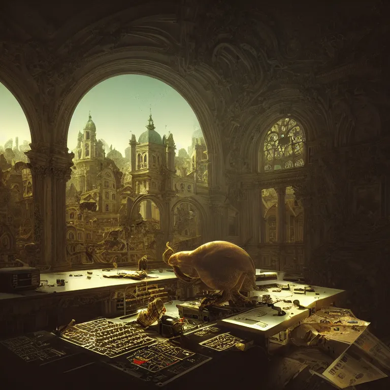 Image similar to motherboard, chip circuit, computer, dream - like atmosphere, baroque landscape painting, perfect composition, beautiful detailed intricate insanely detailed octane render trending on artstation, 8 k artistic photography, photorealistic, soft natural volumetric cinematic perfect light, chiaroscuro, award - winning photograph, masterpiece, raphael, caravaggio, greg rutkowski, beeple