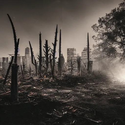 Prompt: a ruined cityscape overgrown with glowing thorns, tall flames flickering in the distance, a cloud of dust blowing in, award - winning photography, chiaroscuro