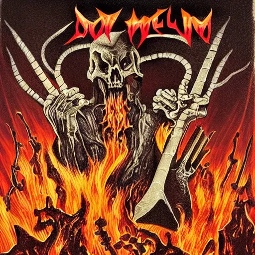 Image similar to the most metal place in hell, art by chris achilleos, doom metal