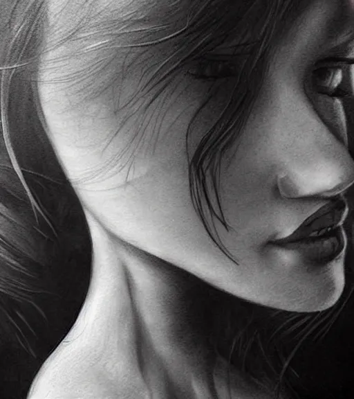 Image similar to tattoo design sketch of a beautiful woman face against a background of lago di sorapis, hyper - realistic, in the style of den yakovlev, amazing detail, black and white