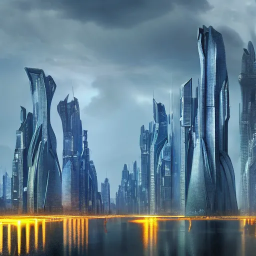 Prompt: Wide shot of colossal futuristic megacity towering across the landscape, thunder storm, Ralph McQuarrie, EOS-1D, f/16, ISO 800, 1/160s, 8K