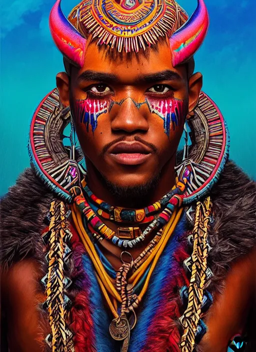 Image similar to portrait of jessie usher, hyper detailed ultra sharp aztec shaman warrior. trending on artstation, warpaint aesthetic, bloodwave, colorful, psychedelic, ornate, intricate, digital painting, concept art, smooth, sharp focus, illustration, art by artgerm and greg rutkowski and h. r. giger, 8 k