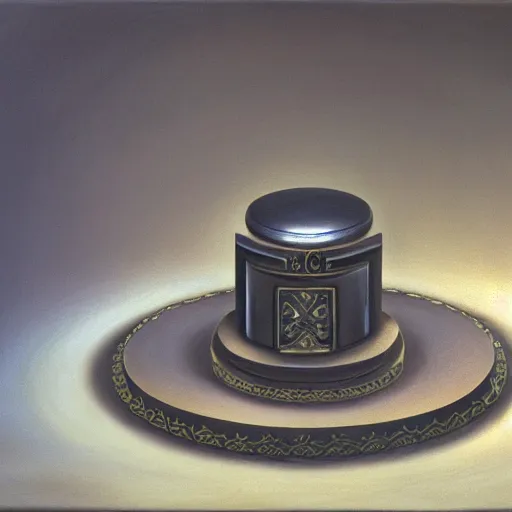 Prompt: in the center lays an ancient chromed artifact in the shape of a heavy signet ring, ornate with gentle iridescent shine from within. the ring lays on top of a pedestal. the pedestal is in front of a dark misty balcony at night. perspective from the side. realistic light and shadows. moody fantasy art, table still masterpiece life renaissance pastel painting.