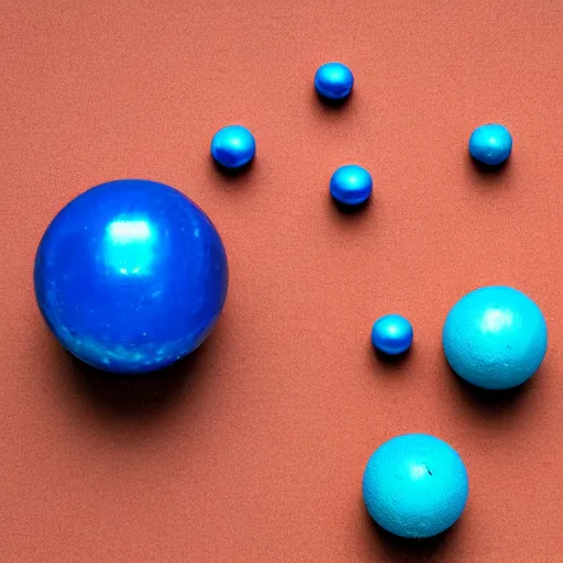 Prompt: copper sulfate spheres on a red cube