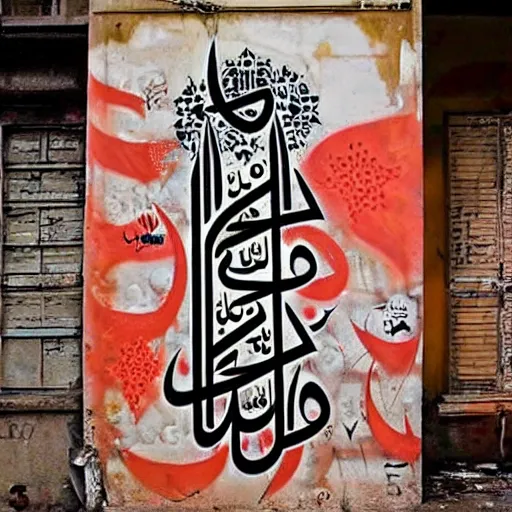 Image similar to arabic calligraphy, transylvanian folk art, in the style of graffiti, made by banksy