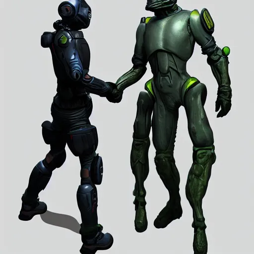 Prompt: an alien soldier shaking hands with an space survivor, award winning, trending on artstation, unreal engine