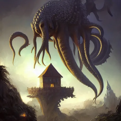 Image similar to gigantic cthulhu, small village for size comparison, dramatic light, painted by stanley lau, painted by greg rutkowski, painted by stanley artgerm, digital art, trending on artstation