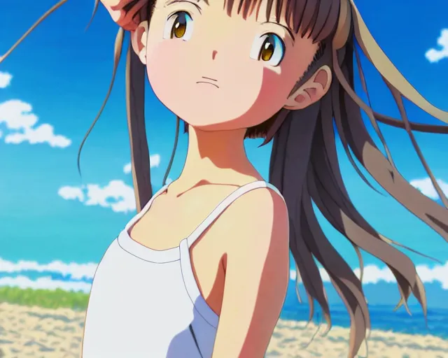 Image similar to anime fine details portrait of joyful girl at beach anime masterpiece by Studio Ghibli. 8k render, sharp high quality anime illustration in style of Ghibli, artstation