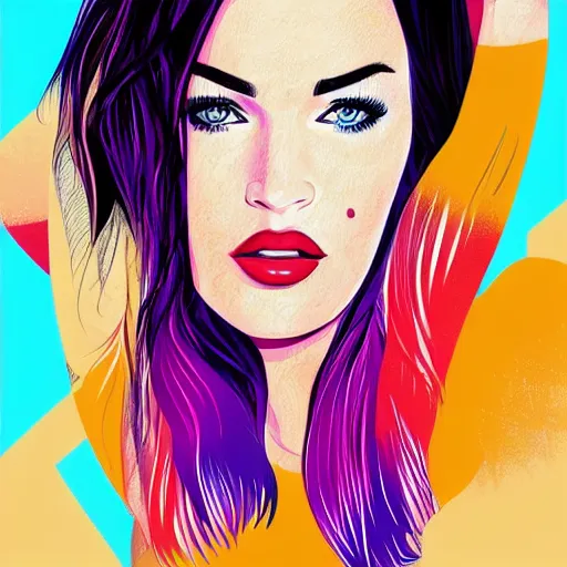 Prompt: megan fox colorful portrait, artwork by arunas kacinskas, graphic design, flat color and line, sketch, minimalistic, procreate, digital illustration, ipad pro, vector illustration, inky illustration, pastel, dribble portraits