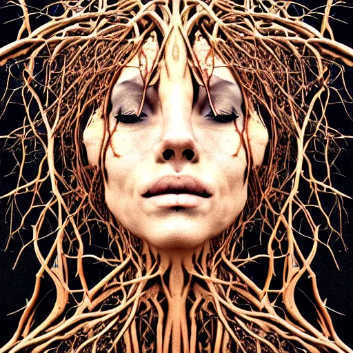 Prompt: digital art, Abstract art, portrait of humain female body made of roots, intricate roots, trending on artstation, -640