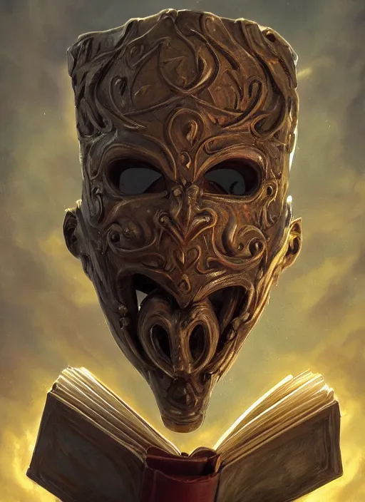 Image similar to Magic Floating Thespian Mask reading a book, no body, bodyless, Ivan Aivakovsky, Boris Vallejo, epic fantasy character art, D&D Concept Art, full length, Realistic, Regal, Refined, Detailed Digital Art, Oil Paining, Exquisite detail, post-processing, masterpiece, Cinematic Lighting, Unreal Engine, 8k, HD, Stanley Artgerm Lau, WLOP, Rossdraws, Frank Frazetta, Andrei Riabovitchev, Marc Simonetti, trending on artstation