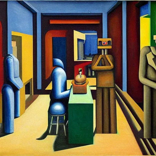 Image similar to robot cafe, blocky courtyard, grant wood, pj crook, edward hopper, oil on canvas