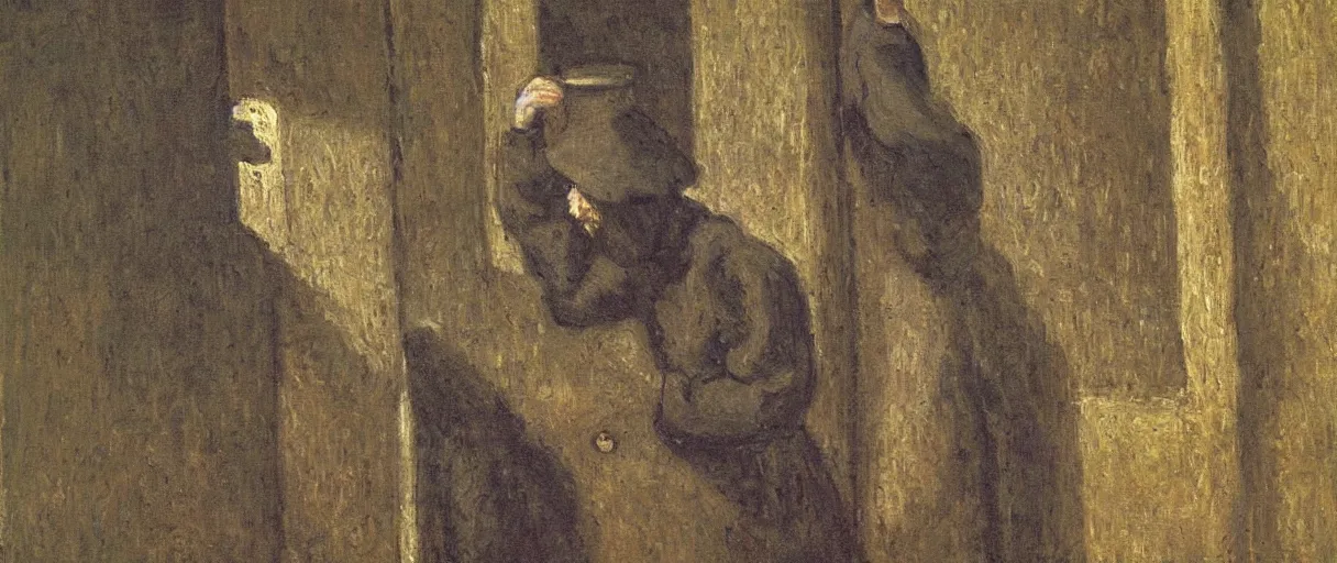 Prompt: a medieval monk drinking a mug of beer in his cell; detailed; a painting by Claude Monet