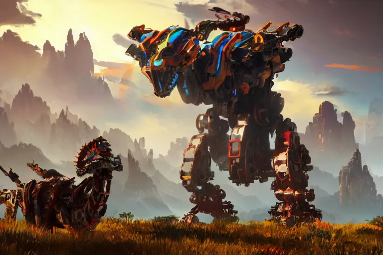 Image similar to scorcher machine mecha animal beast robot of horizon forbidden west horizon zero dawn bioluminiscence global illumination ray tracing hdr fanart arstation by sung choi and eric pfeiffer and gabriel garza and casper konefal