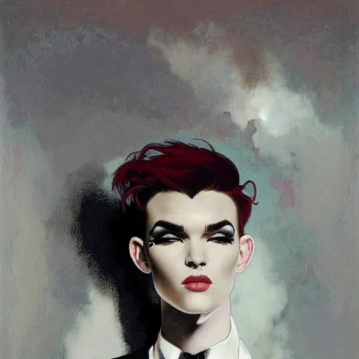 Image similar to beautiful portrait of androgynous ruby rose as desire from sandman in a white tuxedo!!!, rockabilly style,, by alphonse mucha, by jeremy mann, by peter lindbergh, cedric peyravernay, by frank moth, white suit and black tie, soft lightning, high detailed, 8 k