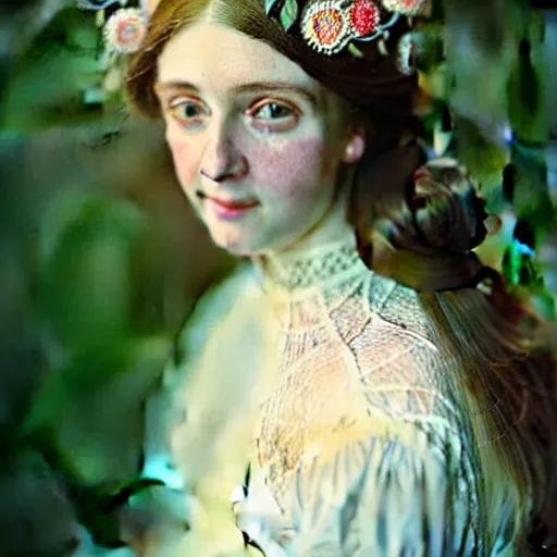 Prompt: Kodak Portra 400, 8K, soft light, volumetric lighting, highly detailed, britt marling style 3/4 ,portrait photo of a beautiful woman how pre-Raphaelites painter, a beautiful lace dress and detailed flowers adorning her hair, white pearls on her beautiful face, Realistic, Refined, Highly Detailed, natural outdoor soft pastel lighting colors scheme, outdoor fine art photography, Hyper realistic, photo realistic