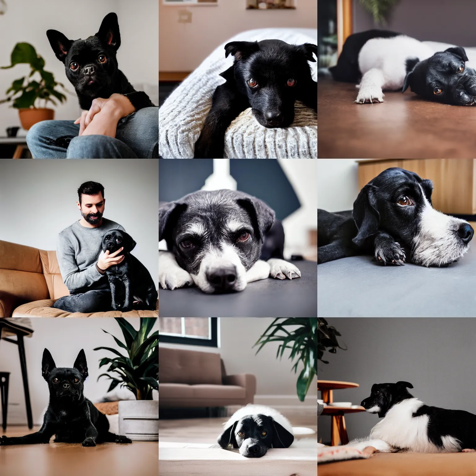 Prompt: a small black dog, white face, lying down in owner ’ s lap, house plants and wood furniture in the background, modern house, indoors, dim light, photograph, 4 k, shot on iphone, for a catalogue, blurry background