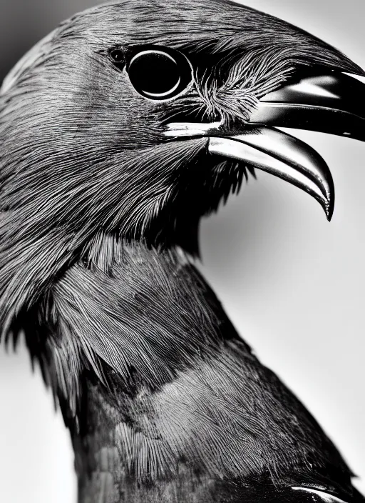 Image similar to a profile portrait, a stunning young cyborg female mixed crow mixed vegetal, editorial photography, bw, shot on 7 0 mm, depth of field, f / 2. 8, high contrast, 1 6 k, volumetric lighting, shiny, insanely detailed and intricate, hypermaximalist, elegant, ornate, hyper realistic, super detailed