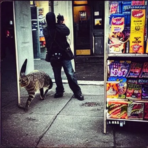 Prompt: “ man committing armed robbery from the perspective of the bodega cat ”