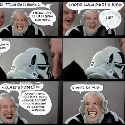 Image similar to Lord Palpatine laughs out loud with his stormtrooper friends meme