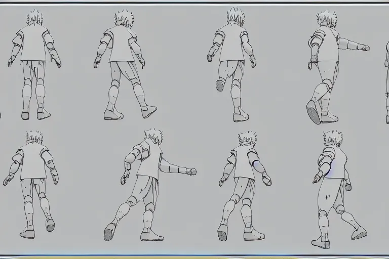Image similar to a reference sheet containing of a hero running by ghibli studio, front back view and side view, proportions, sprite sheet, running cycle, ready to model,