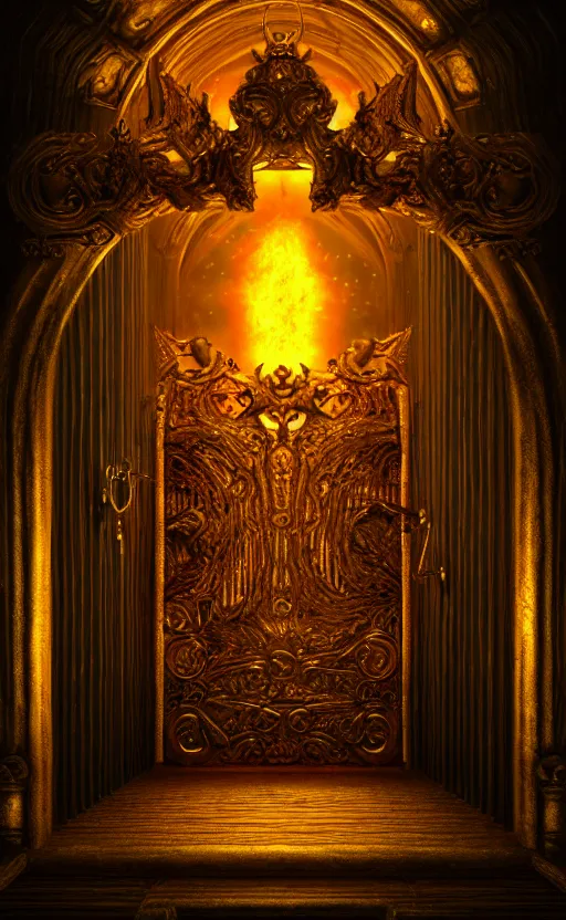 Image similar to a ornamental gate into hell, gold, ornament, intarsia, portal, doorway, dynamic lighting, ambient lighting, atmospherical, photorealistic fantasy concept art, trending on art station, stunning visuals, creative, cinematic, ultra detailed