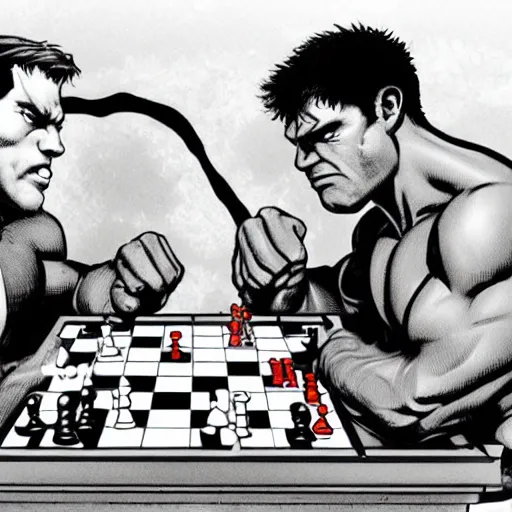 Prompt: Captain America and Hulk playing chess