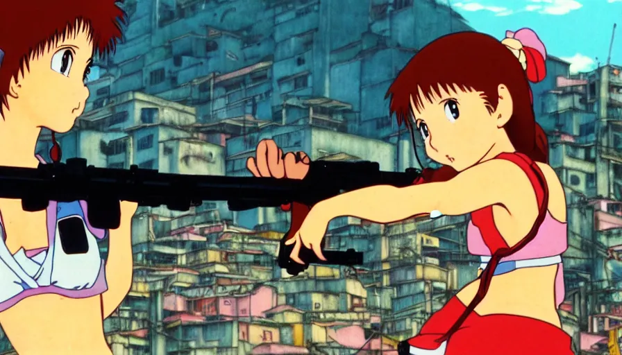 Prompt: 1 9 8 6 anime screencap of a girl with a gun on a rio de janeiro anime, by hayao miyazaki, studio ghibli, favela background extremely high quality artwork 4 k