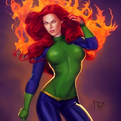 Image similar to jean grey, a full body portrait of jean grey, green eyes, red hair, phoenix rising, flames, flying, comic, x - men, highly detailed, artstation, deviantart, symetry, digital painting, vivid colors, realistic shaded perfect face, volumetric lighting, atmospheric, sharp focus, moody, art by artgerm and greg rutkowski, 8 k