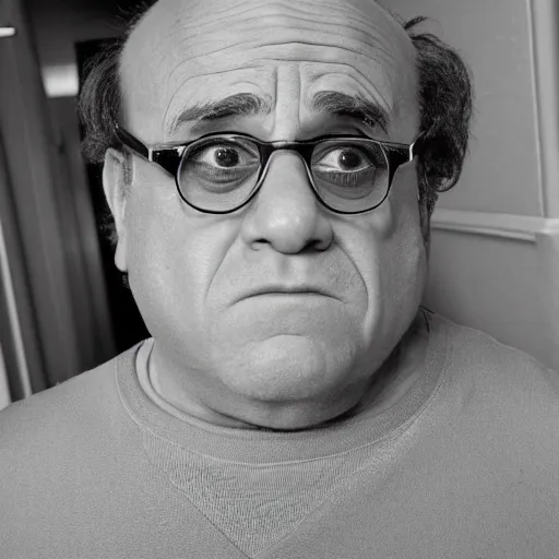 Image similar to danny devito staring at you from the other end of a dark corridor, the backrooms, kubric stare, scary, cinematic camera, hd