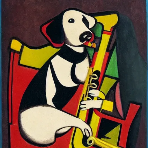 Image similar to dog playing the saxophone, sitting on the couch, medieval portrait, cubism