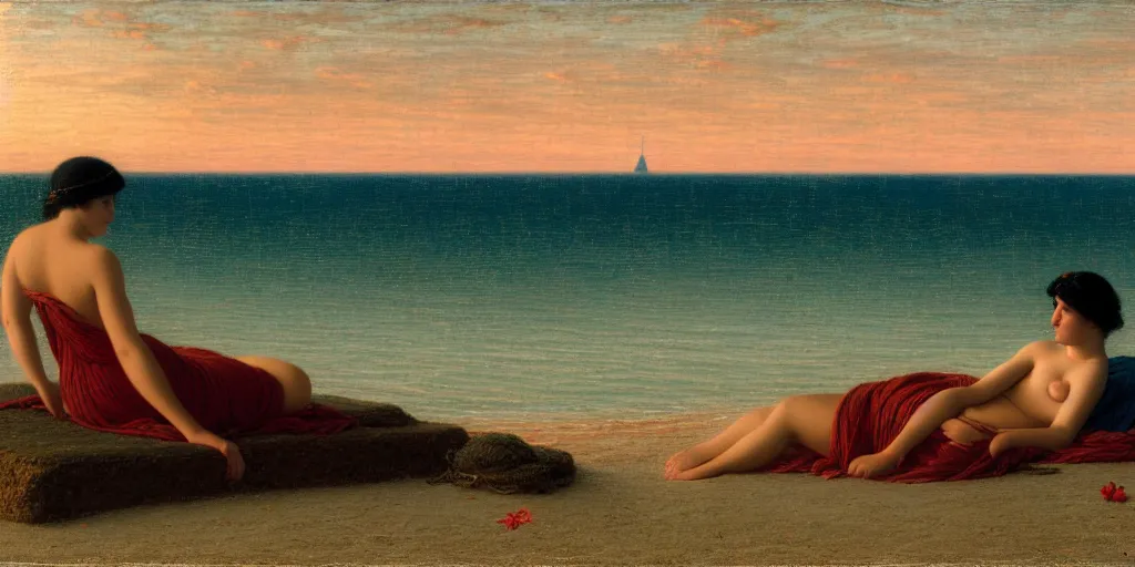 Image similar to a lonely woman sunbathing on the beach at dusk time ， 4 k resolution, by john william godward