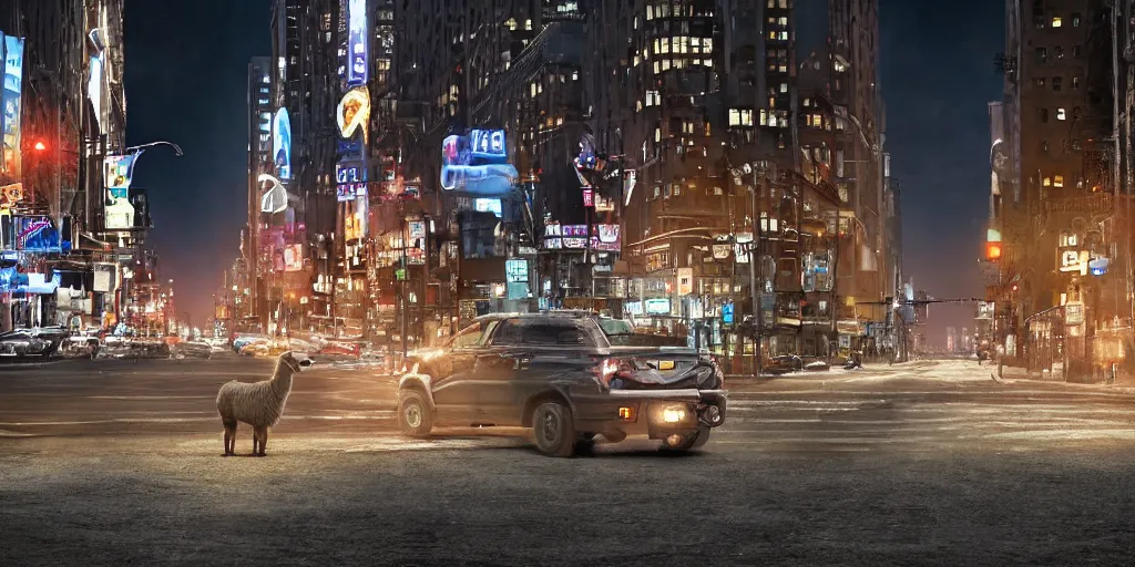 Image similar to a llama walking through a desolate manhattan city street at night, statue of liberty seen in the background, realistic 4 k octane beautifully detailed render, 4 k post - processing, highly detailed, intricate complexity, epic composition, magical atmosphere, cinematic lighting, masterpiece, ultra hd