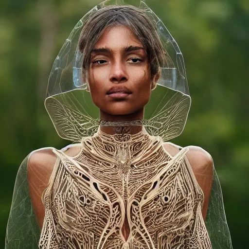 Image similar to brown woman wearing a translucent dragonfly armor. intricate. super detailed. layered. textured. award winning. dispersion of light. refracted lighting. soft. fragile.