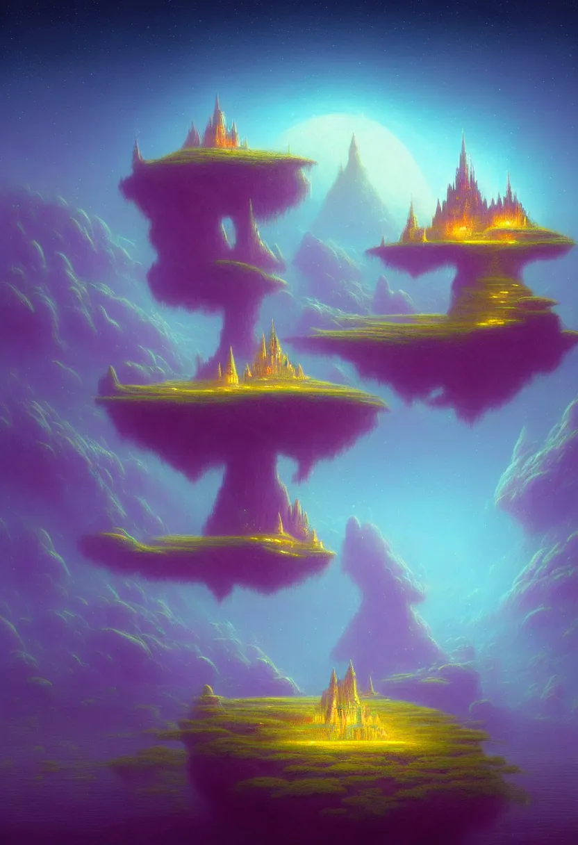 Image similar to an ultra detailed midjourney concept digital art painting of a singular floating island with a castle, flying citadel levitating across space in a misty pearlescent nebula by paul lehr kazumasa uchio situated in a starry expanse of bioluminescent cosmic worlds by beksinski and beeple, ecological art, flying citadel with towers, trending on artstation