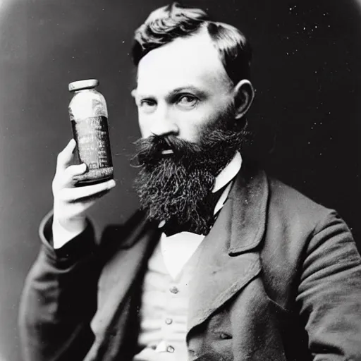 Prompt: 1870s bearded man in green waistcoat holding specimen jar which contains a platypus