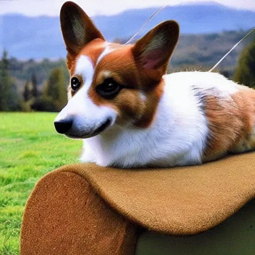 Prompt: realistic photo of corgi with saddle, cat on top of it