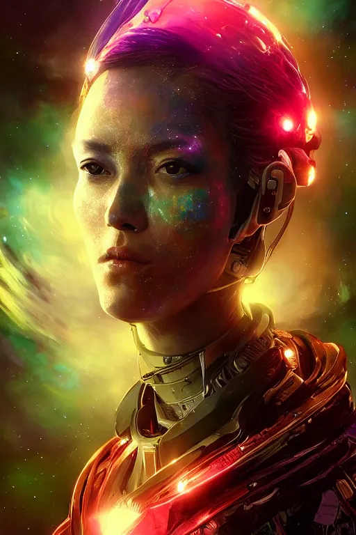 Prompt: a fancy portrait of a beautiful cyborg in space with a colourful nebula behind her by dustin nguyen, sung choi, mitchell mohrhauser, maciej kuciara, johnson ting, maxim verehin, peter konig, bloodborne, 8 k photorealistic, cinematic lighting, hd, high details, dramatic, dark atmosphere, trending on artstation