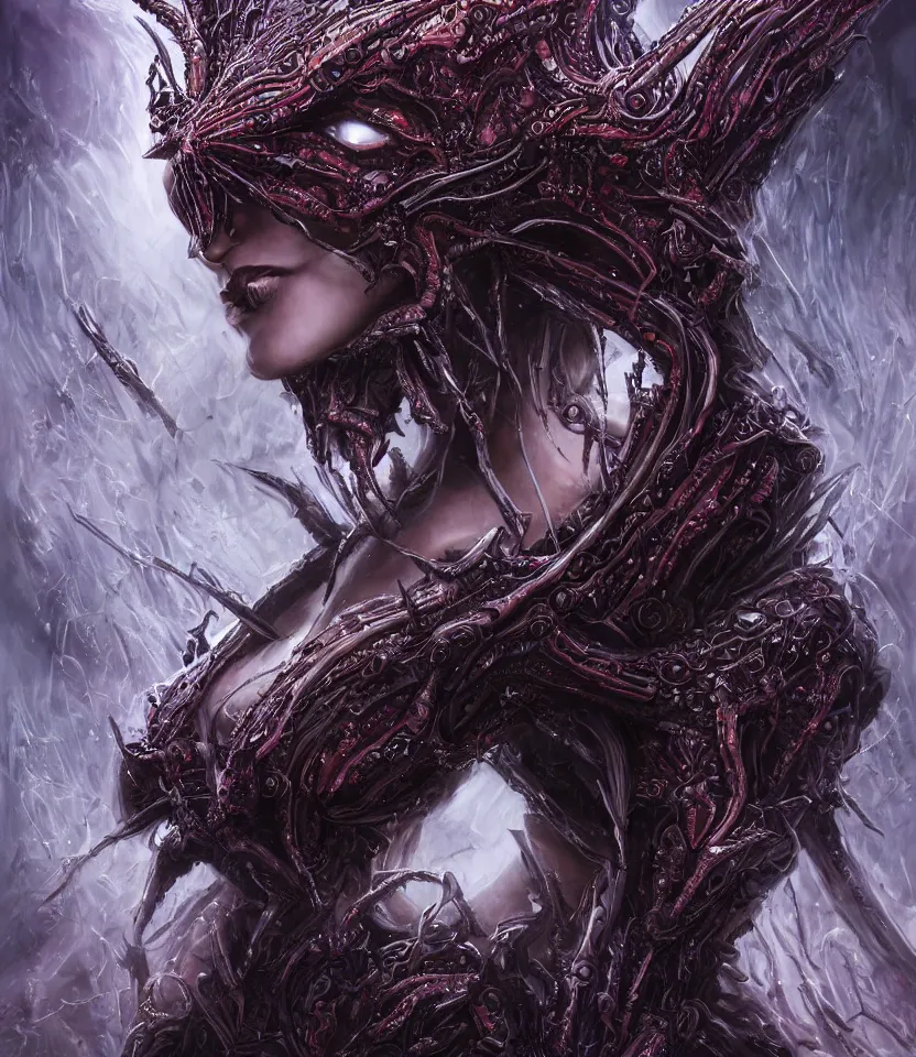 Image similar to close up portrait on the enchanting femenine queen of the zerg, hyper attractive, seductive, very complex, hyper-maximalist, overdetailed, legendary cinematic, darkfantasy, archetype with timeless beauty breathtaking eyes, her spider like legs spread evenly around her framing the image, collossal alien ship in the sky behind her, highly intricate, digital art, very elegant, HDR 8K, biblical art, realism, incomprehensible yet perspicious detail, unbeatable quality, silent hill aesthetic, photorealistic, lifelike, DSLR 8k, unbeatable coherency, Omnious intricate, octane render, created Nixeu & z--ed from deviantart