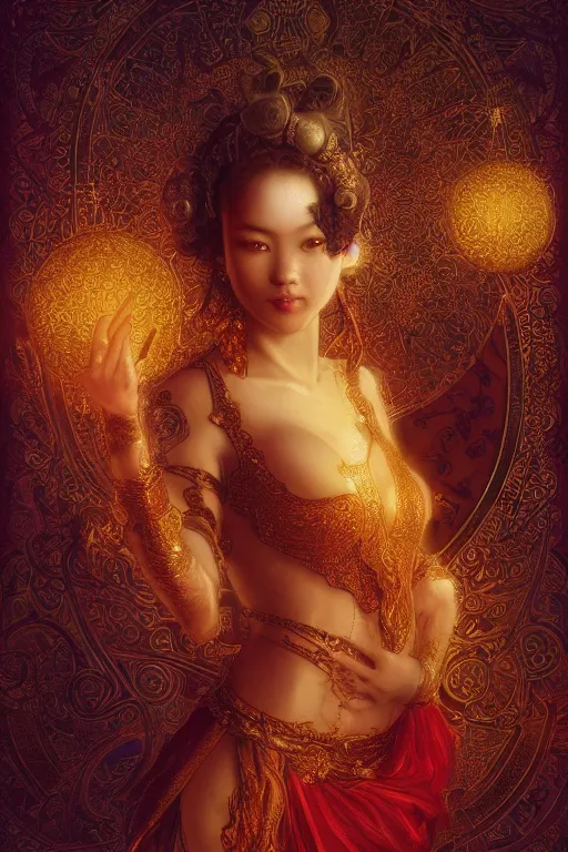 Prompt: tarot card artstation, portrait of an asian love dancer, sunrise, baroque ornamnet and rococo ornament, ancient chinese ornate, hyperdetailed, beautiful lighting, craig mullins, mucha, klimt, yoshitaka amano, red and gold and orange color palatte