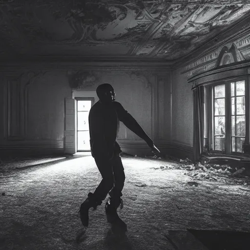 Image similar to kanye west dancing in an abandoned mansion, ominous lighting, realistic, elegant, beautiful, 4 k, sad.