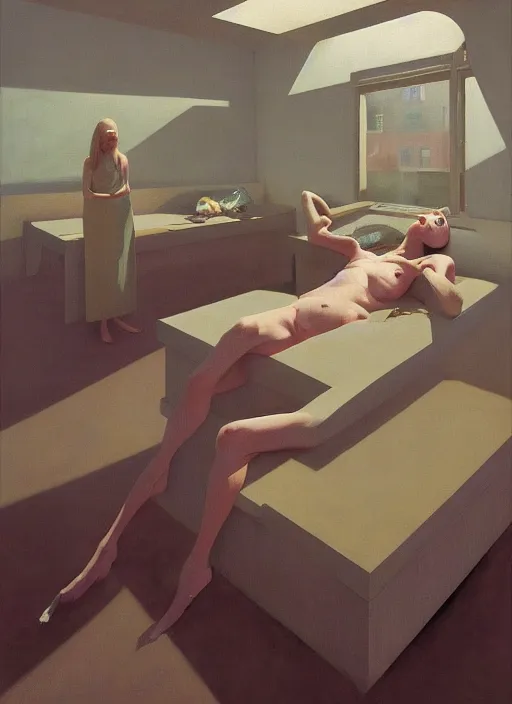 Prompt: time does not exist anymore by edward hopper and james gilleard, zdzislaw beksinski, overgrown vegetation, open ceiling, highly detailed, no white people, painted by francis bacon, painted by james gilleard, airbrush, ilya kuvshinov, wlop, stanley artgerm, very coherent, art by takato yamamoto and james jean