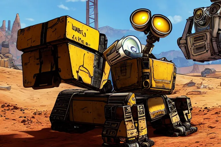 Image similar to wall - e in borderlands style game, heavy detailed, ultra high definition quality, borderlands game engine graphics