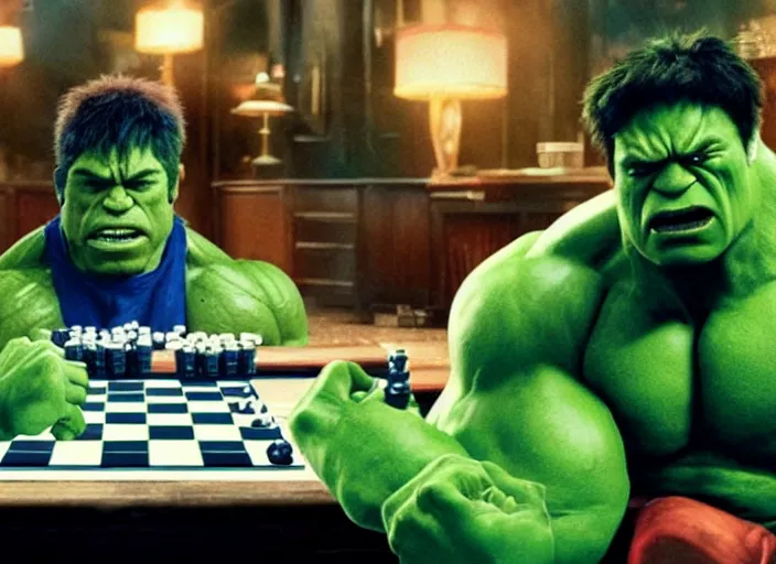 Image similar to film still of hulk playing checkers in the new avengers movie, 4 k