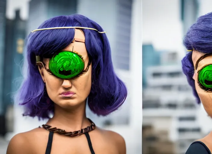 Image similar to portrait photo still of real life futurama character leela, cyclops, 8 k, 8 5 mm f 1. 8