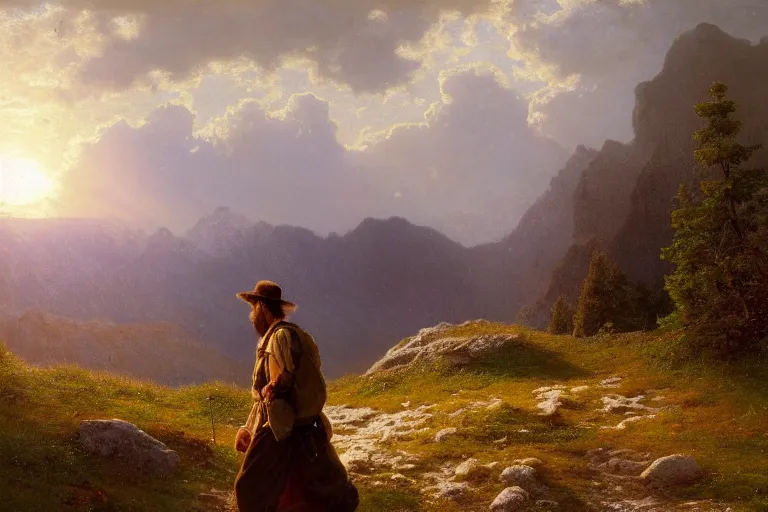 Image similar to a traveler wandering trough the mountains looking at the clouds, very detailed, focused, oil painting, cinematic lighting, albert bierstadt, trending on artstation, colorful, canvas, sunset, hans dahl, theodor kittelsen, hermann hendrich, national geographic, Konstantin Yakovlevich Kryzhitsky, beautiful nature