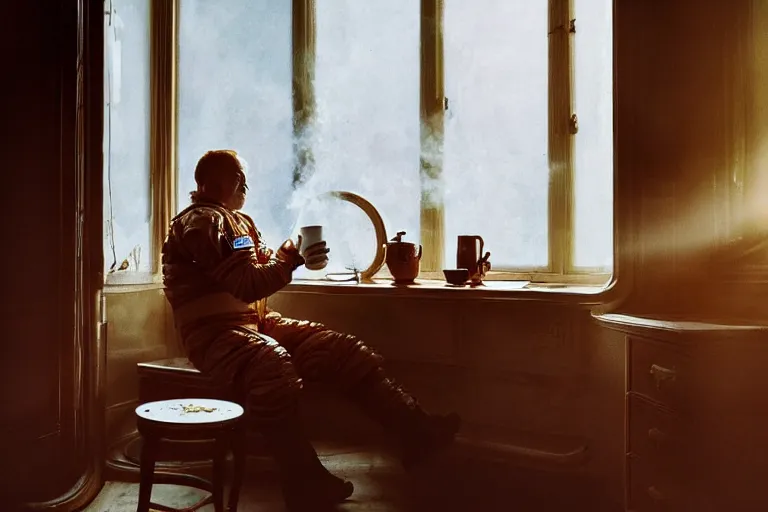 Image similar to a single cosmonaut in a spacesuit drinks a steaming cup of tea at an old wooden desk in a richly decorated Victorian house. the autumn light comes in through a window and dimly illuminates the room, diffuse light, octane render