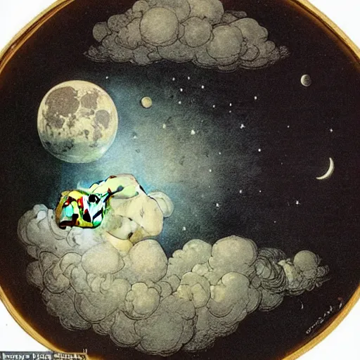 Image similar to dan morris celestial thinking moon portrait, surrounded by clouds, illustrated by peggy fortnum and beatrix potter and sir john tenniel